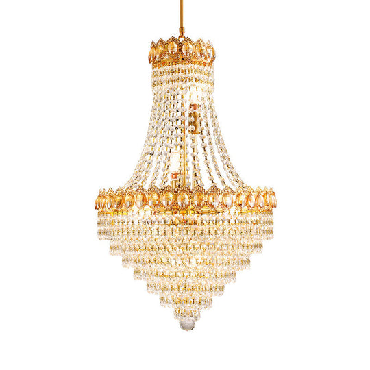 Contemporary Gold Crystal Ceiling Chandelier With Conical Down Lighting - Ideal For Parlor 5/8-Bulb