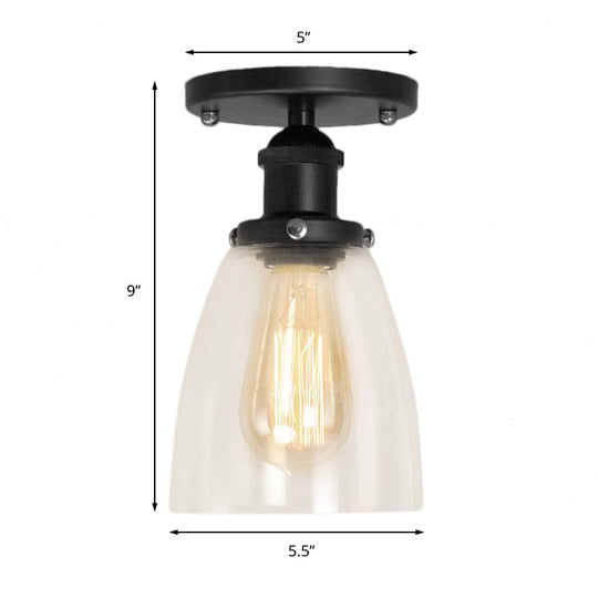 Industrial Clear Glass Cone Semi - Flush Light In Black For Living Rooms