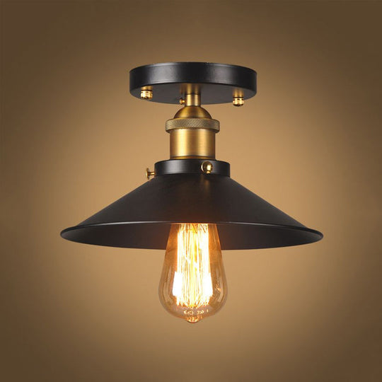 9.5’-10’ Dia Flat Shade Ceiling Mounted Light: Industrial Metallic Single Head Flush Light In Black