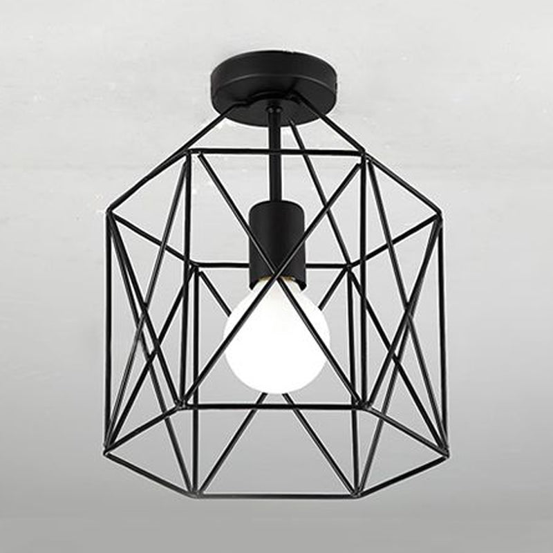 Geometric Cage Semi - Flush Ceiling Fixture - Industrial Black Metallic Finish Balcony Lighting