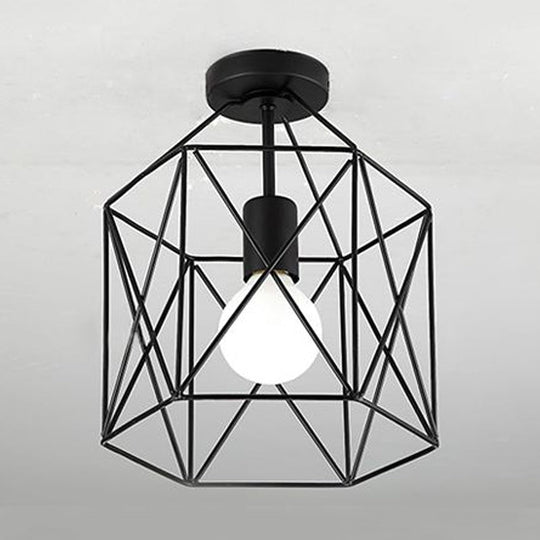 Geometric Cage Semi - Flush Ceiling Fixture - Industrial Black Metallic Finish Balcony Lighting