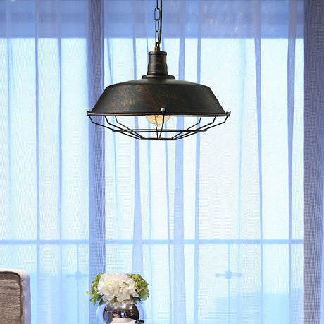 Rust Finish Retro Barn Pendant Lamp With Wire Guard - Ideal For Living Room Ceilings