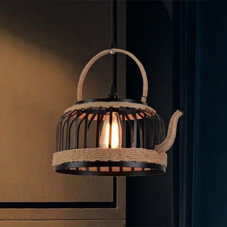 Vintage Metal And Rope Pendant Light - 1-Light Beige Hanging Lamp For Restaurants