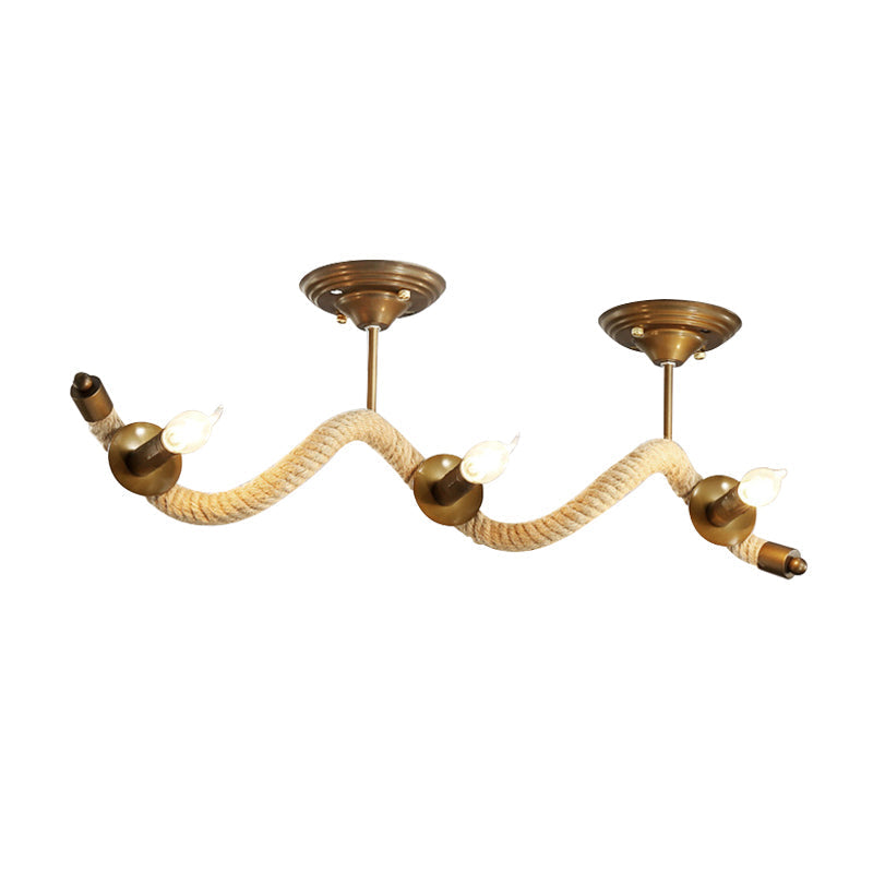3 - Head Wavy Rope Semi - Mount Ceiling Light Fixture - Vintage Brass Finish With Metallic Shine