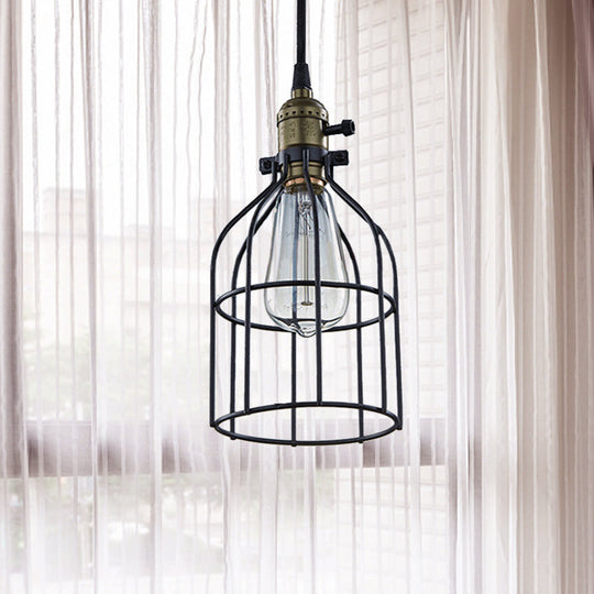 Retro Style Birdcage Pendant Lamp With Black Shade - Perfect For Coffee Shop
