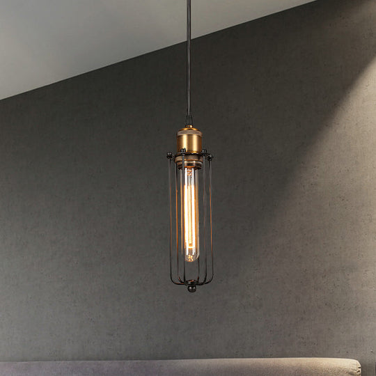 Industrial Brass Finish Tubed Pendant Lighting With Cage Shade - 1 Head Metal Hanging Ceiling Light