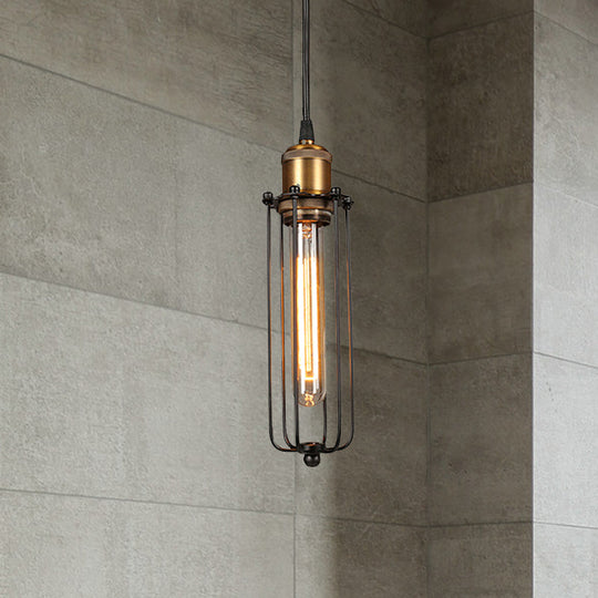 Industrial Brass Finish Tubed Pendant Lighting With Cage Shade - 1 Head Metal Hanging Ceiling Light