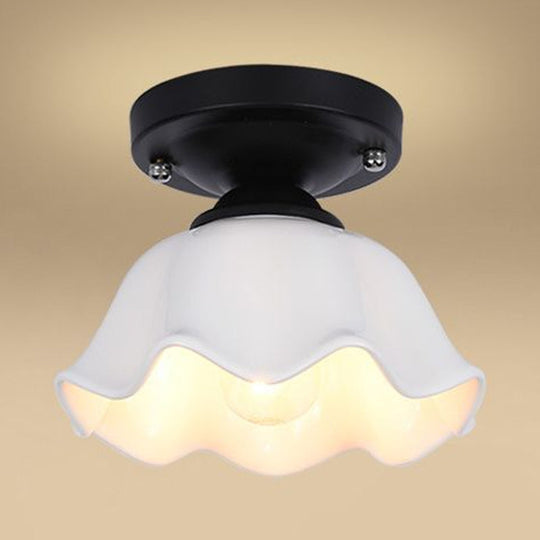 Milky Glass Industrial Living Room Light Fixture - Scalloped Semi Flush Black Finish +