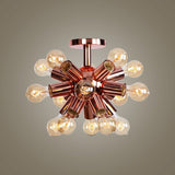 Vintage Copper Starburst Ceiling Light With Bare Bulb - Ideal For Restaurants (6/9 Heads)