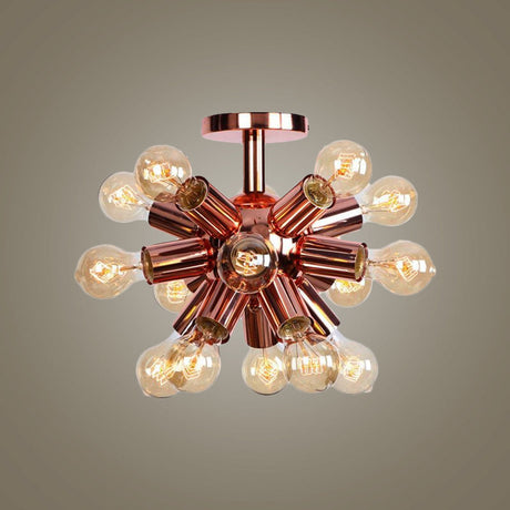 Vintage Copper Starburst Ceiling Light With Bare Bulb - Ideal For Restaurants (6/9 Heads)