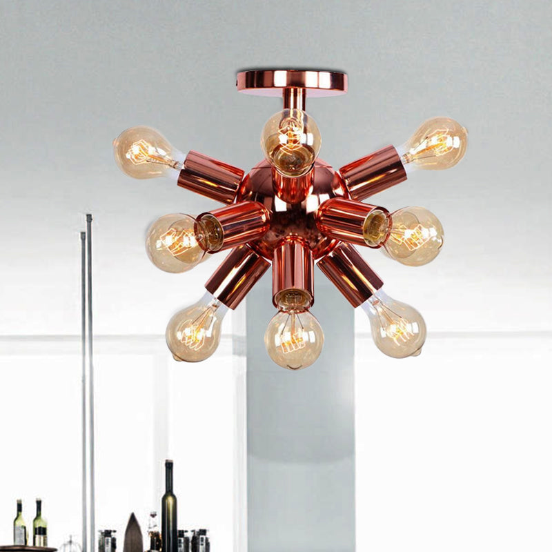 Vintage Copper Starburst Ceiling Light With Bare Bulb - Ideal For Restaurants (6/9 Heads)