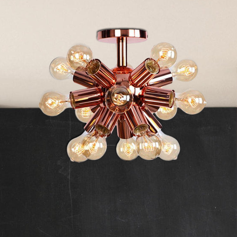 Vintage Copper Starburst Ceiling Light With Bare Bulb - Ideal For Restaurants (6/9 Heads)