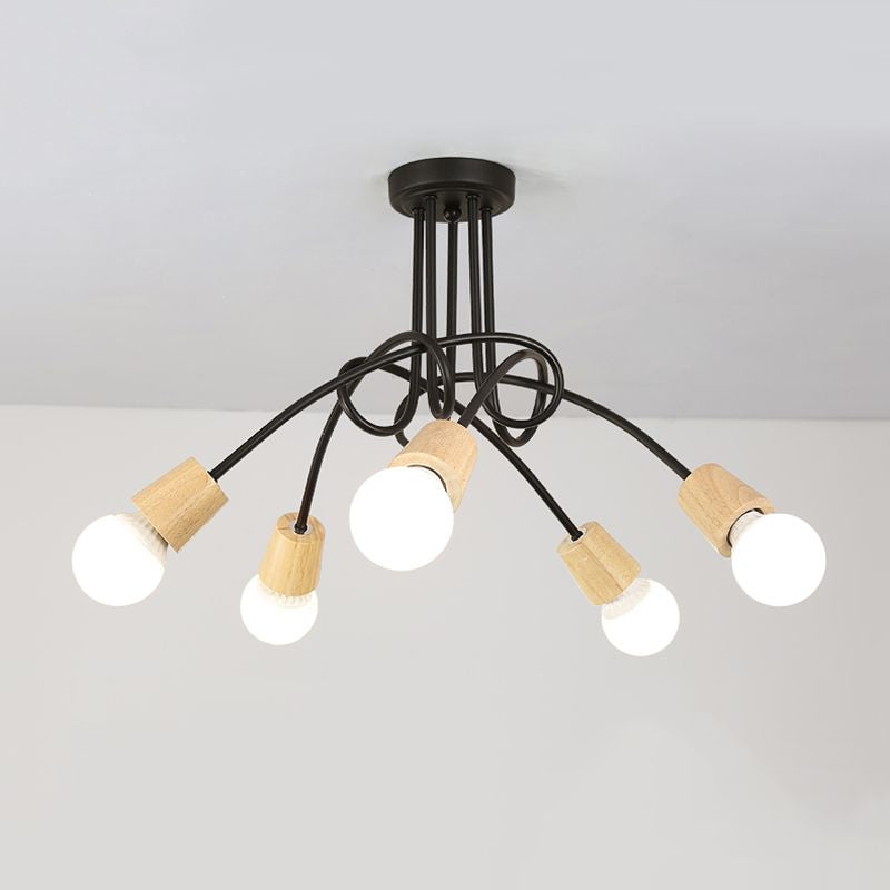 Loft Style Metal Ceiling Light With Open Bulb & Twisted Arm – 3/5 Lights Wood Accent Perfect For