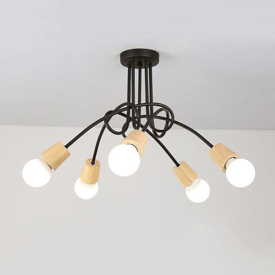 Loft Style Metal Ceiling Light With Open Bulb & Twisted Arm – 3/5 Lights Wood Accent Perfect For