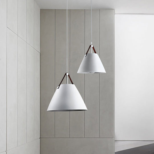Modernist Conical Pendant Light 10.5/14 W 1-Bulb Metallic Suspension With Leather Strap Black/Blue