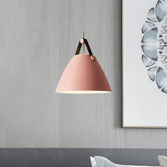 Modernist Conical Pendant Lighting - Metallic Suspension Light With Leather Strap Black/Blue
