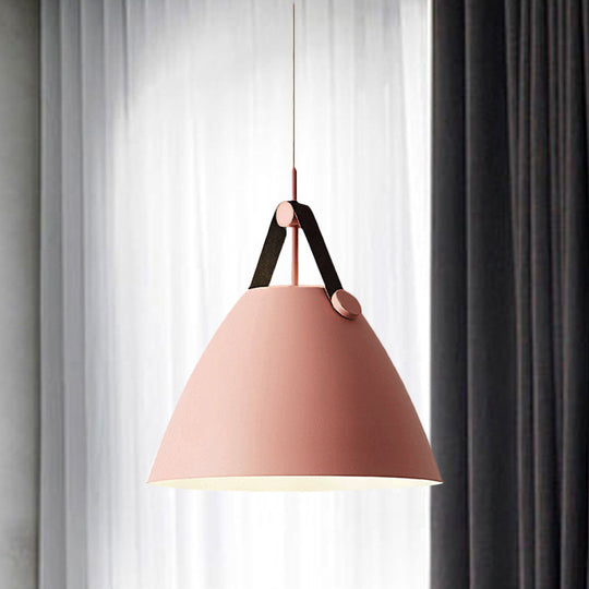 Modernist Conical Pendant Lighting - Metallic Suspension Light With Leather Strap Black/Blue