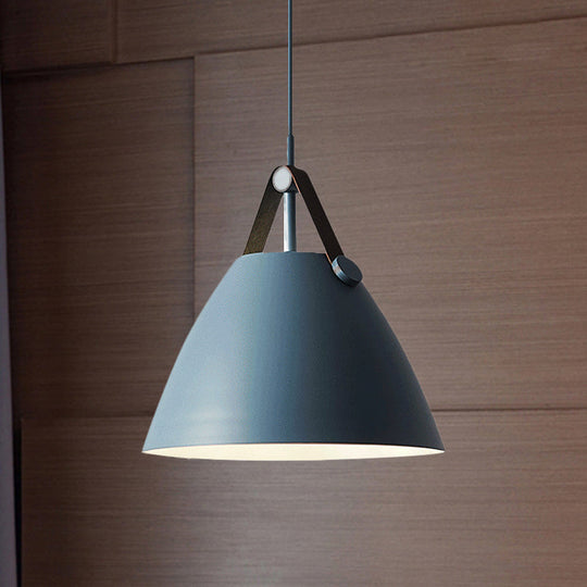 Modernist Conical Pendant Lighting - Metallic Suspension Light With Leather Strap Black/Blue