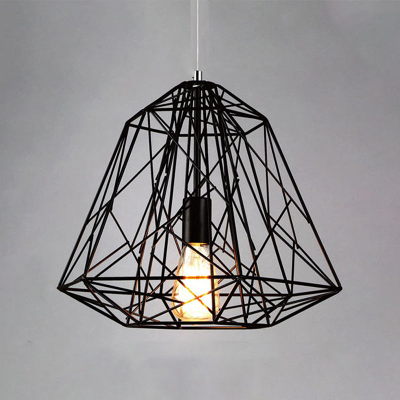 Retro Style Geometric Cage Ceiling Hanging Light With Metallic Suspension Lamp In Black/White