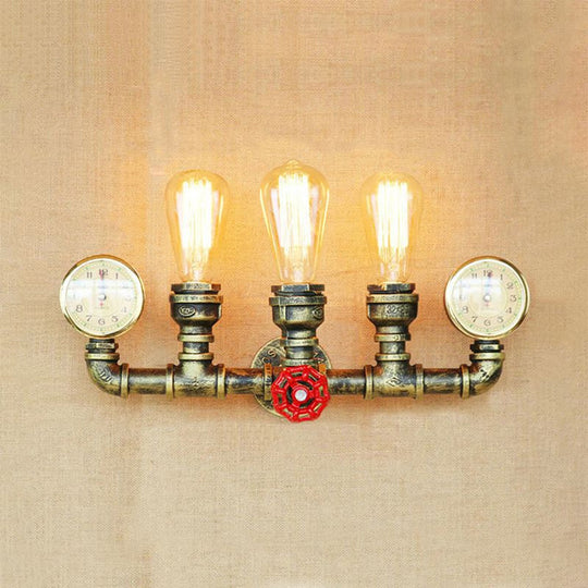 Rustic Antique Brass Metal Wall Mount Light With 3 Pipes Gauge And Valve Decoration