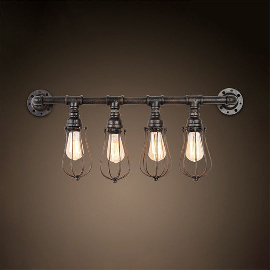 Bronze Nautical Wall Mount Light With Wire Cage And Pipe 4-Light Metal Sconce Lighting