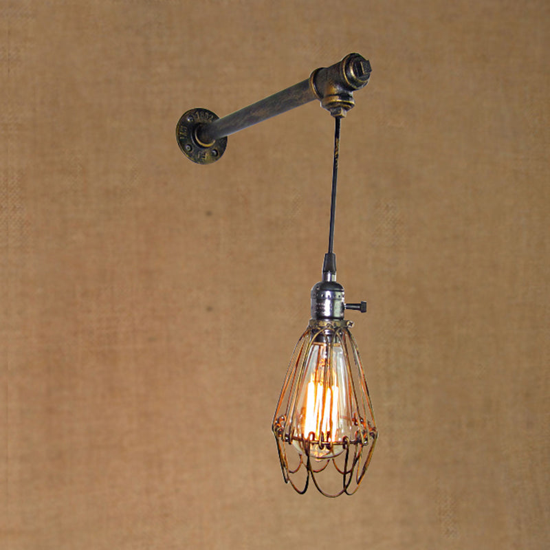 Rustic Antique Brass Caged Wall Lamp With Pipe - Dining Room Light Fixture