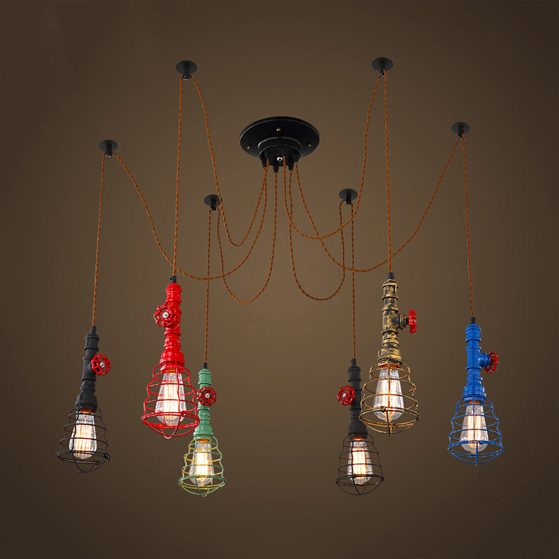 Industrial Pipe Pendant Ceiling Light 6-Light Iron Hanging Lamp Black Shade Optional For Living Room