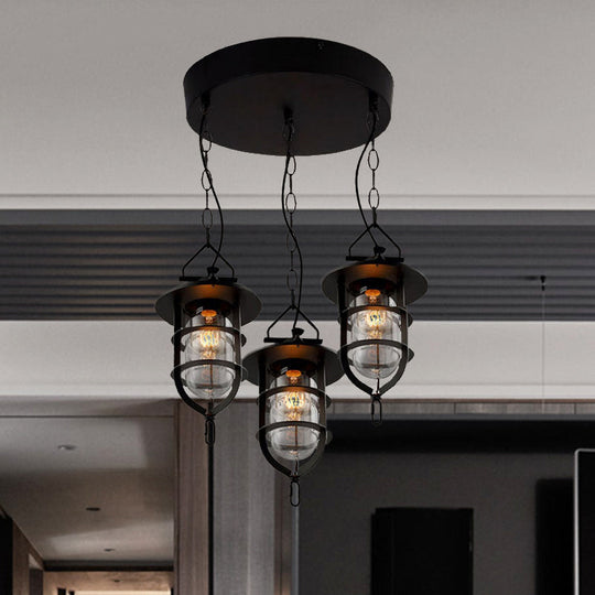 Vintage Black Caged Glass Multi Pendant 3-Light Fixture For Living Room - Round Canopy Hangs With