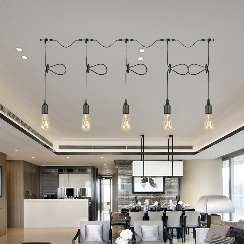 Adjustable Cord Industrial Black Metal Ceiling Light Fixture With 3/5/7-Light Bare Bulb Pendant