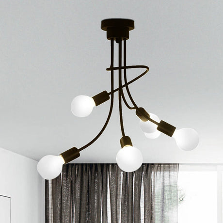 Vintage Bare Bulb Ceiling Light - Black/Gold Metallic Semi Flush With Curved Arm For Bedroom Black