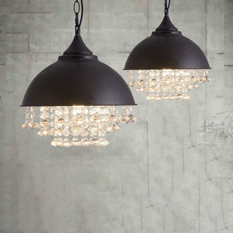 Industrial Dome Pendant Light With Crystal Bead Black/Chrome Metal Hanging Fixture