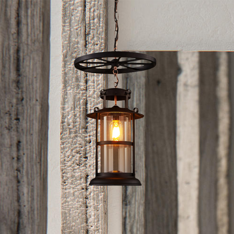Farmhouse Black Single Light Pendant Ceiling With Clear Glass Cylinder And Iron Wheel Fixture