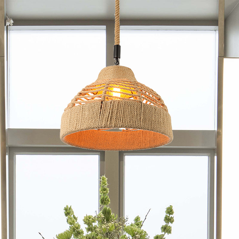 Vintage Industrial Pendant Light With Rope Flared/Bowl Cage Shade In Beige For Restaurant(1 Head)