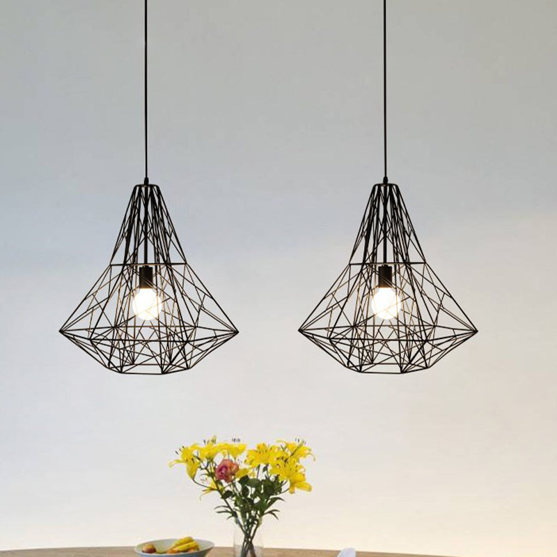 Metallic Industrial Cage Diamond Pendant Lighting - Black/White 1 Head For Dining Room 16’/19.5’ Dia