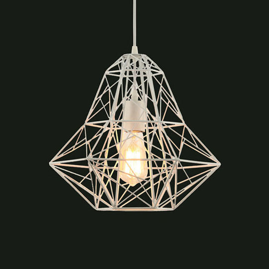 Metallic Industrial Cage Diamond Pendant Lighting - Black/White 1 Head For Dining Room 16’/19.5’ Dia