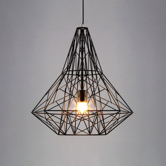 Metallic Industrial Cage Diamond Pendant Lighting - Black/White 1 Head For Dining Room 16’/19.5’ Dia