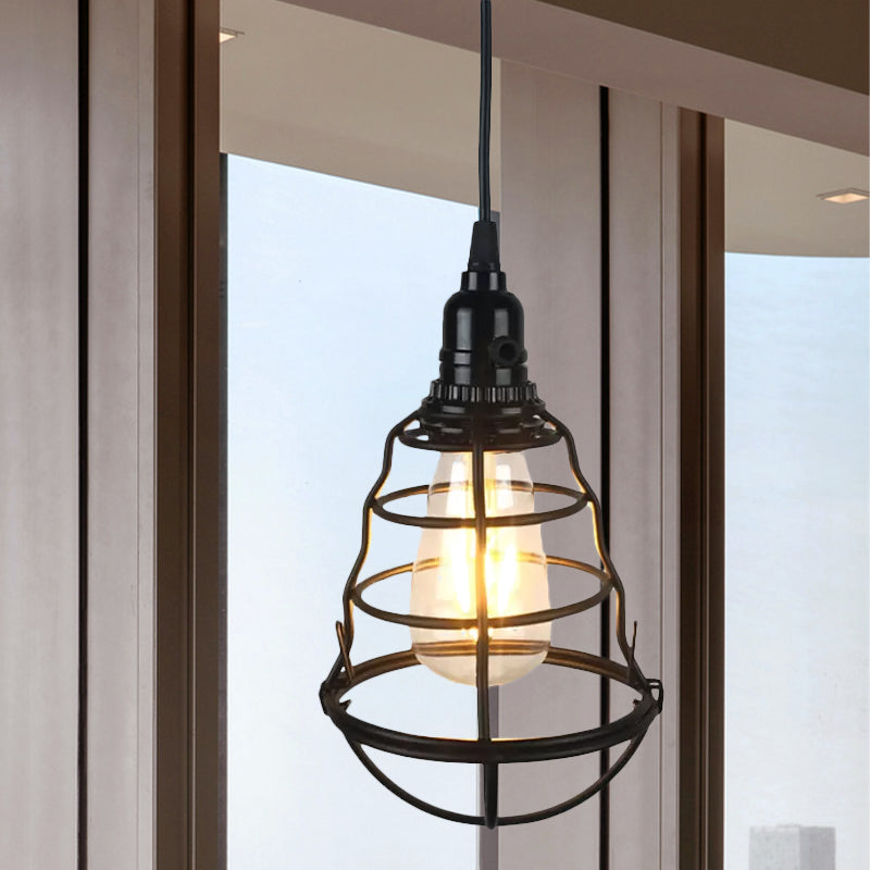 Retro Industrial 1-Head Hanging Lamp: Iron Wire Guard Black Finish