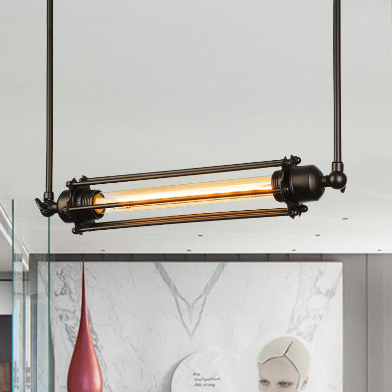 Retro Industrial Iron Hanging Light Fixture With Black Tube Cage Shade - 1 Pendant For Dining Room