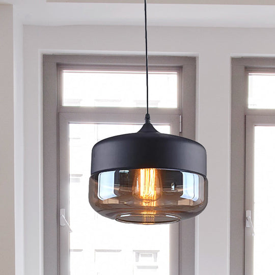 Industrial Cylinder Pendant Light With Brown Glass Shade - 1-Light Hanging Ceiling Fixture In Black