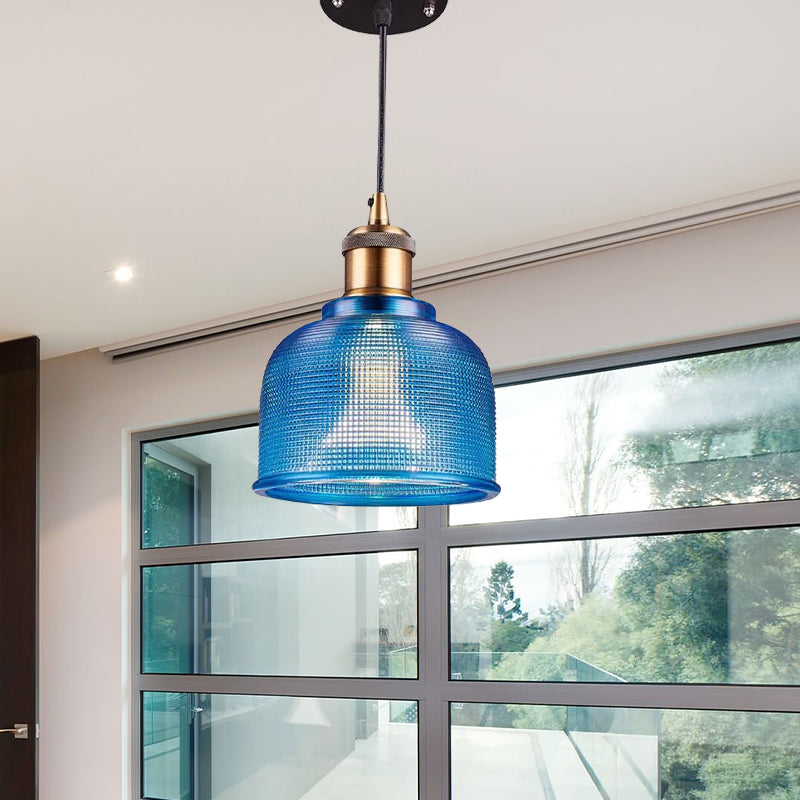 Industrial Brass Prismatic Glass Dome Pendant Light In Red/Bronze/Blue