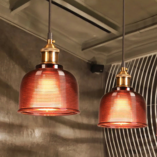 Industrial Brass Prismatic Glass Dome Pendant Light In Red/Bronze/Blue