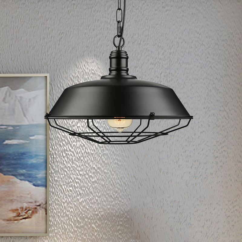 Industrial Black Wire Cage Pendant With Barn Shade - Ceiling Or Dining Table Hanging Fixture