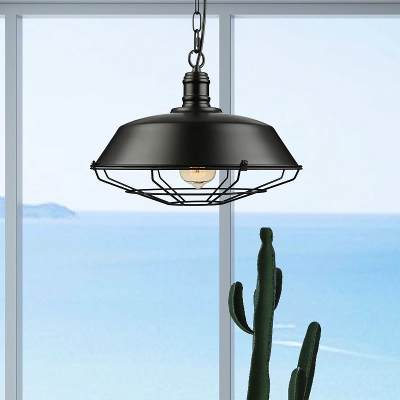 Industrial Black Wire Cage Pendant With Barn Shade - Ceiling Or Dining Table Hanging Fixture