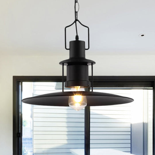 Industrial Metal Pendant Light - Flat Cone Shade 1-Light Dining Room Hanging Fixture In Black 16’