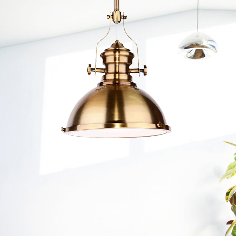 Antique Brass Pendant Light With Frosted Diffuser - Vintage Style Metal Dome Shade 1-Light Hanging