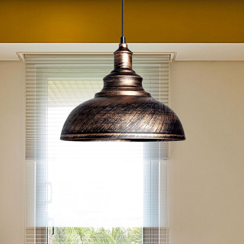 Adjustable Cord Pendant With Metal Dome Shade In Retro Black/Gray - 12’/14’/16’ W