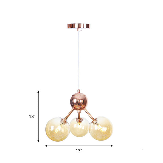 Vintage Copper Chandelier With Clear/Amber Glass Orb Shades - 3/9/12 Lights Branch Design