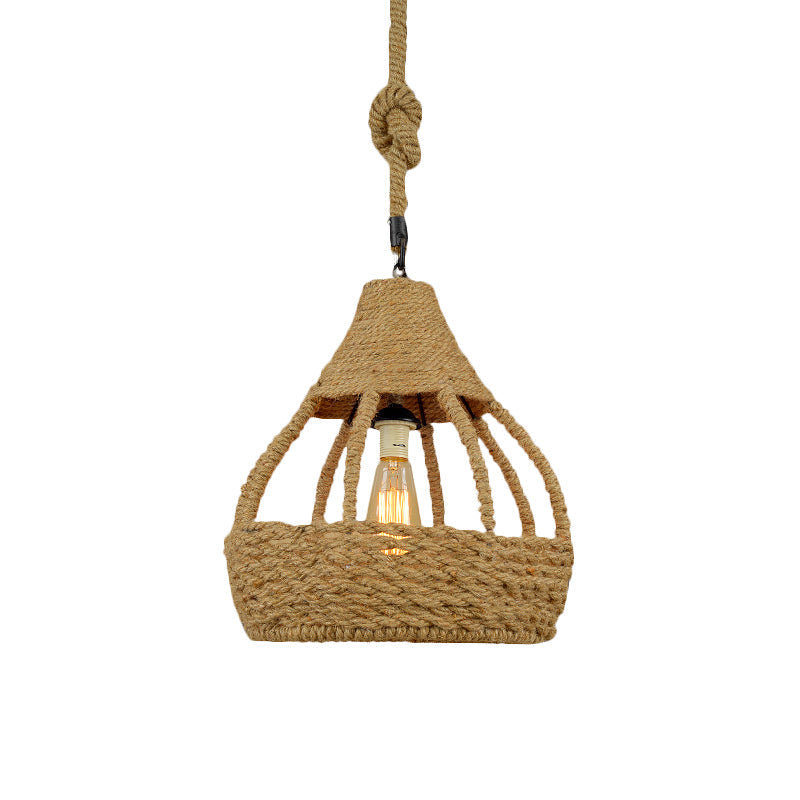 Rustic Brown Balcony Pendant Light Fixture With Rope Dome Shade - Country Style Suspension