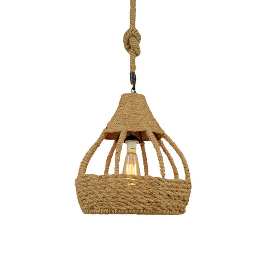 Rustic Brown Balcony Pendant Light Fixture With Rope Dome Shade - Country Style Suspension