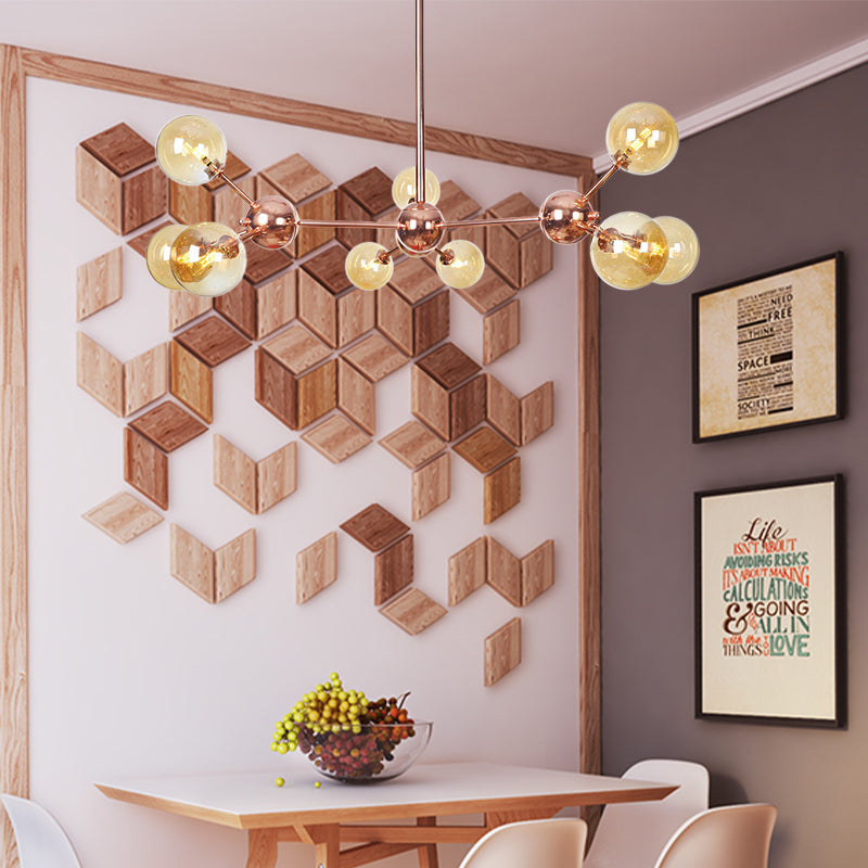 Vintage Copper Chandelier With Clear/Amber Glass Orb Shades - 3/9/12 Lights Branch Design